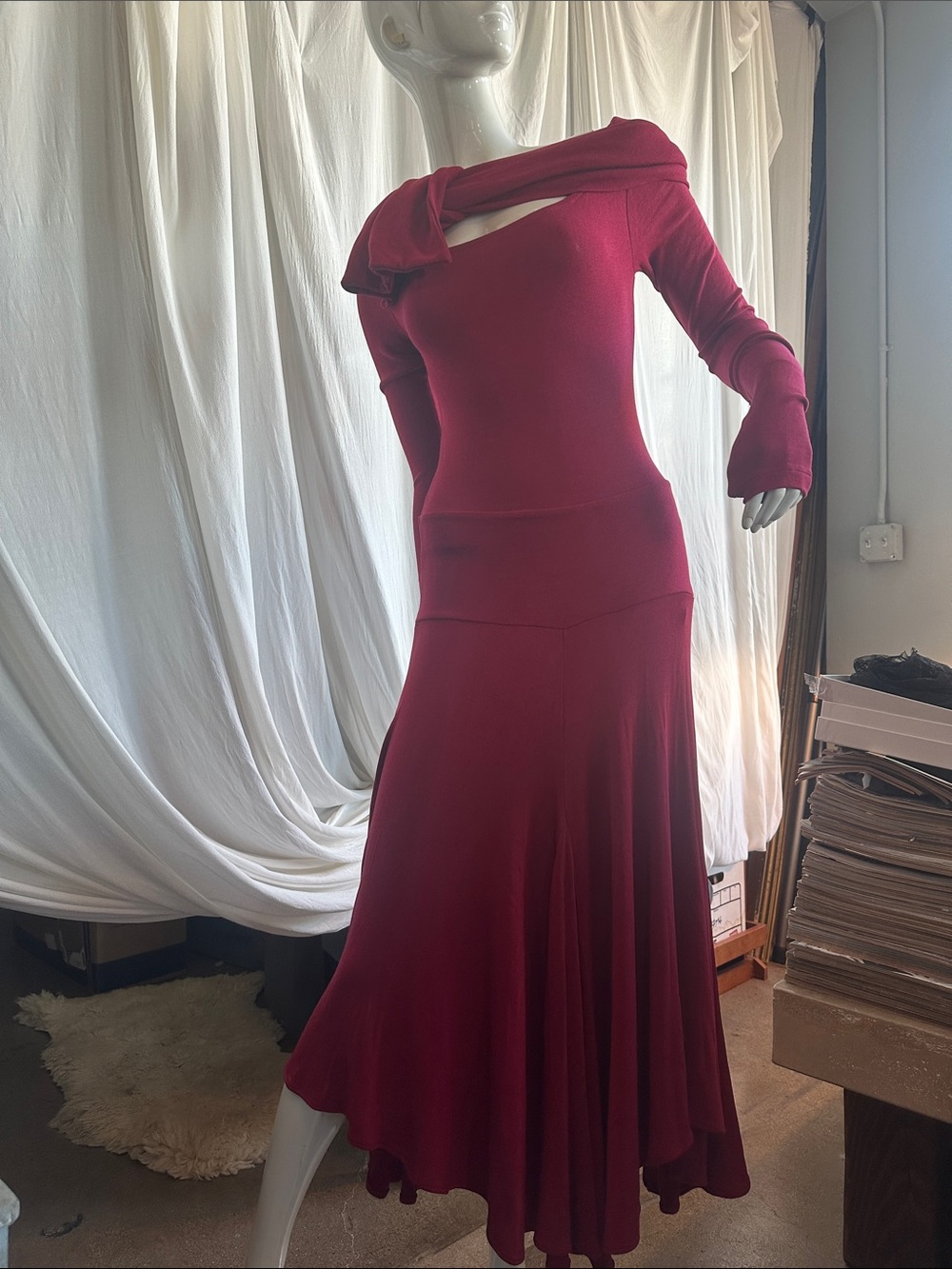 Multiple styling Long Dress Fall collection Stretchy Raspberry color